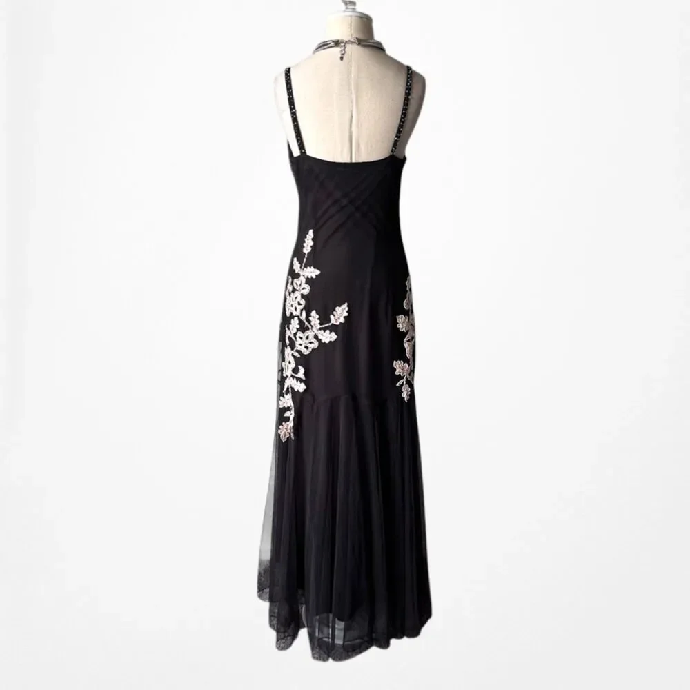 Vintage Y2K 90s Brown Floral Embroidered Mesh Maxi Formal Prom Dress Size S/M